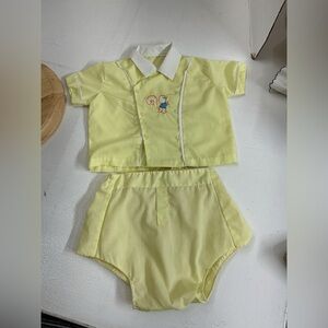Vintage Yellow Baby Outfit with Embroidered Monkey